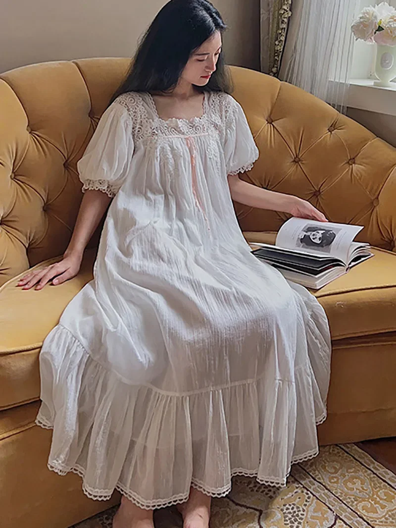 Women French Fairy Nightgowns Vintage Princess Nightdress Lace Mesh Cotton Short Sleeve Loose Victorian Lolita Summer Sleepwear