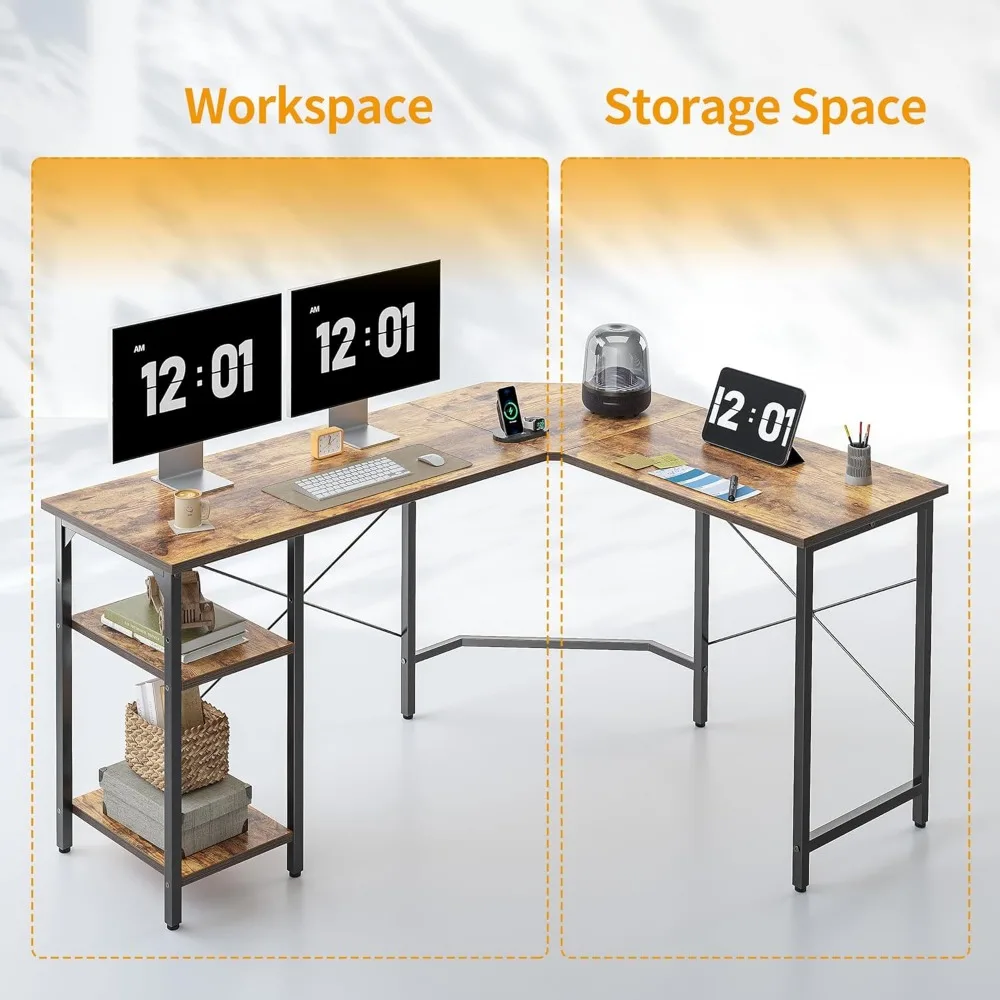 مكتب زاوية على شكل حرف L قابل للعكس مقاس 59.1 بوصة مع أرفف تخزين، مكتب دراسة ألعاب للكتابة في المكتب المنزلي باللون البني الدافئ