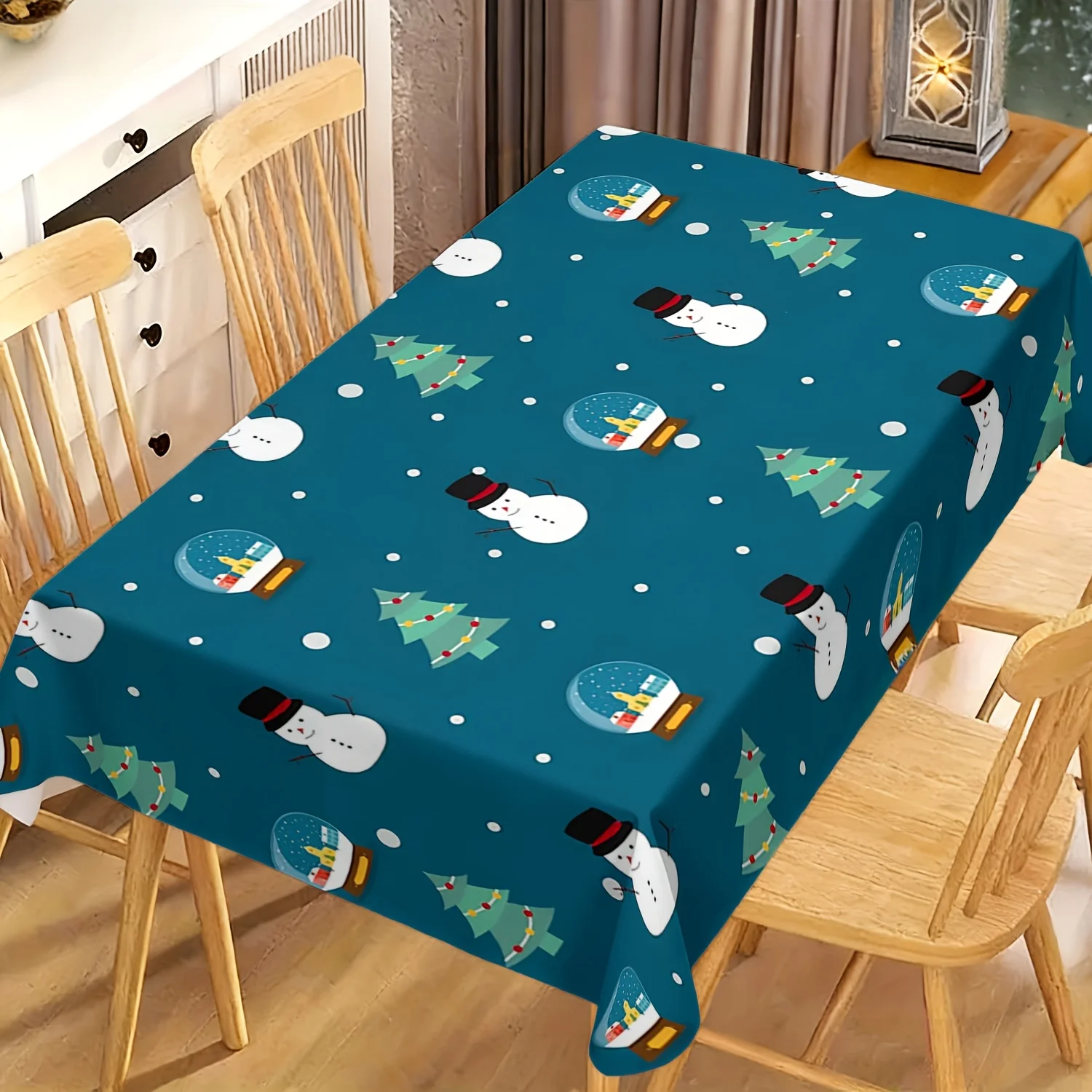 1pc 2D Flat Tablecloth, Snowman, Lights, Christmas Tree & Snow Globe Printed Rectangle Tablecloth, Decor for Dining Table