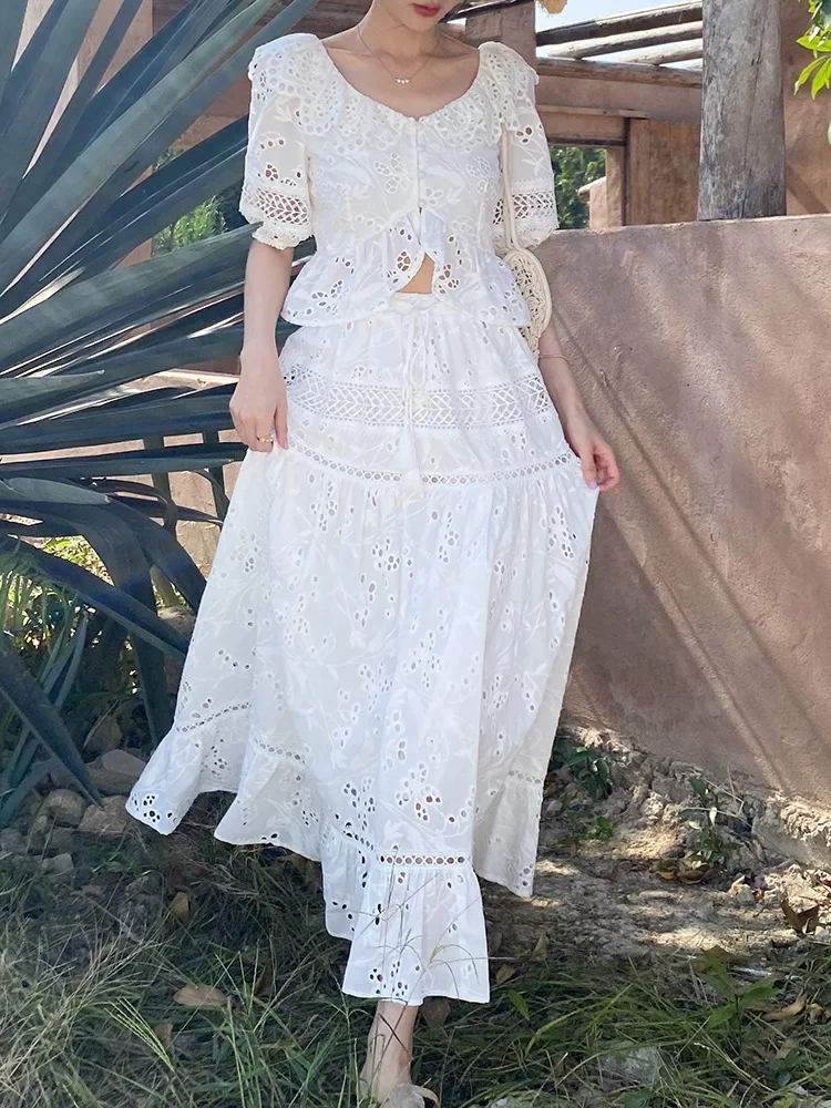 GypsyLady French Chic Embroidery Maxi Skirt White Casual Summer Women Long Skirts Sheer Hollow Out Ruffles Ladies Skirt Falda