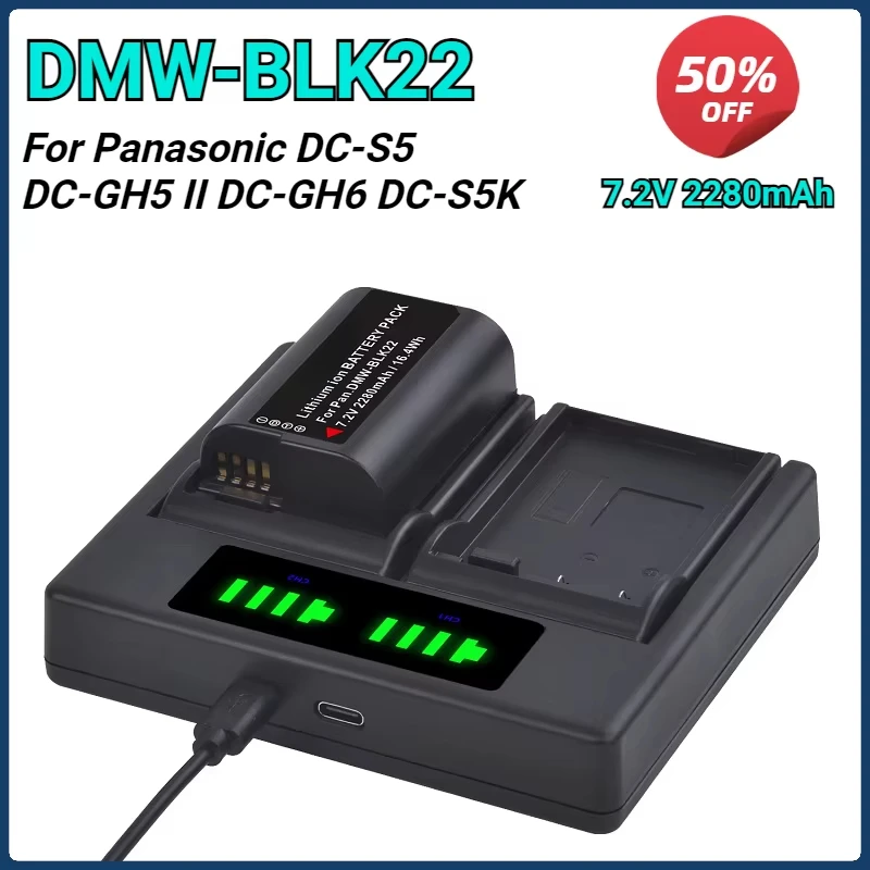 

DMW-BLK22 BLK22 2280mAh Battery +LED USB Dual Charger for Panasonic LUMIX DC-S5 DC-S5K GH6 GH5 II S5M2 S5M2X GH5M2 Bateria