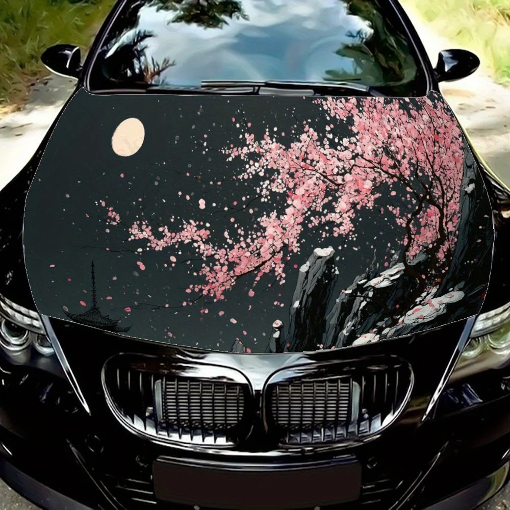 

Moonlit Cherry Blossom Shadow Car Vinyl Wrap, PVC Waterproof Car Hood Sticker, Self-Adhesive Scratch-Resistant Stickers for Engi