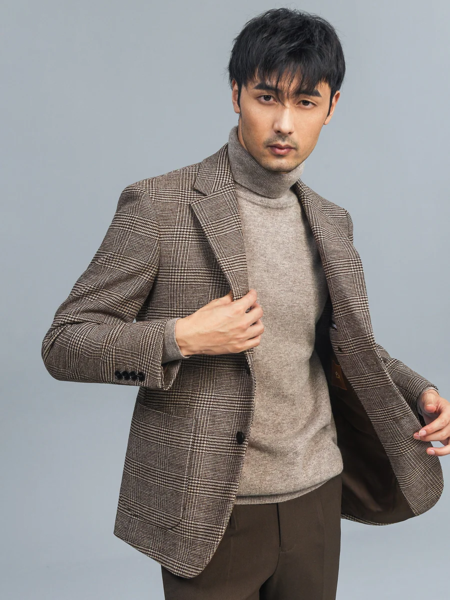 Mens Clothing 50% Wool Blazers For Men Brown Plaid Wedding Groom Autumn Winter Thickened Full Sleeve Leisure Casual Korea Style