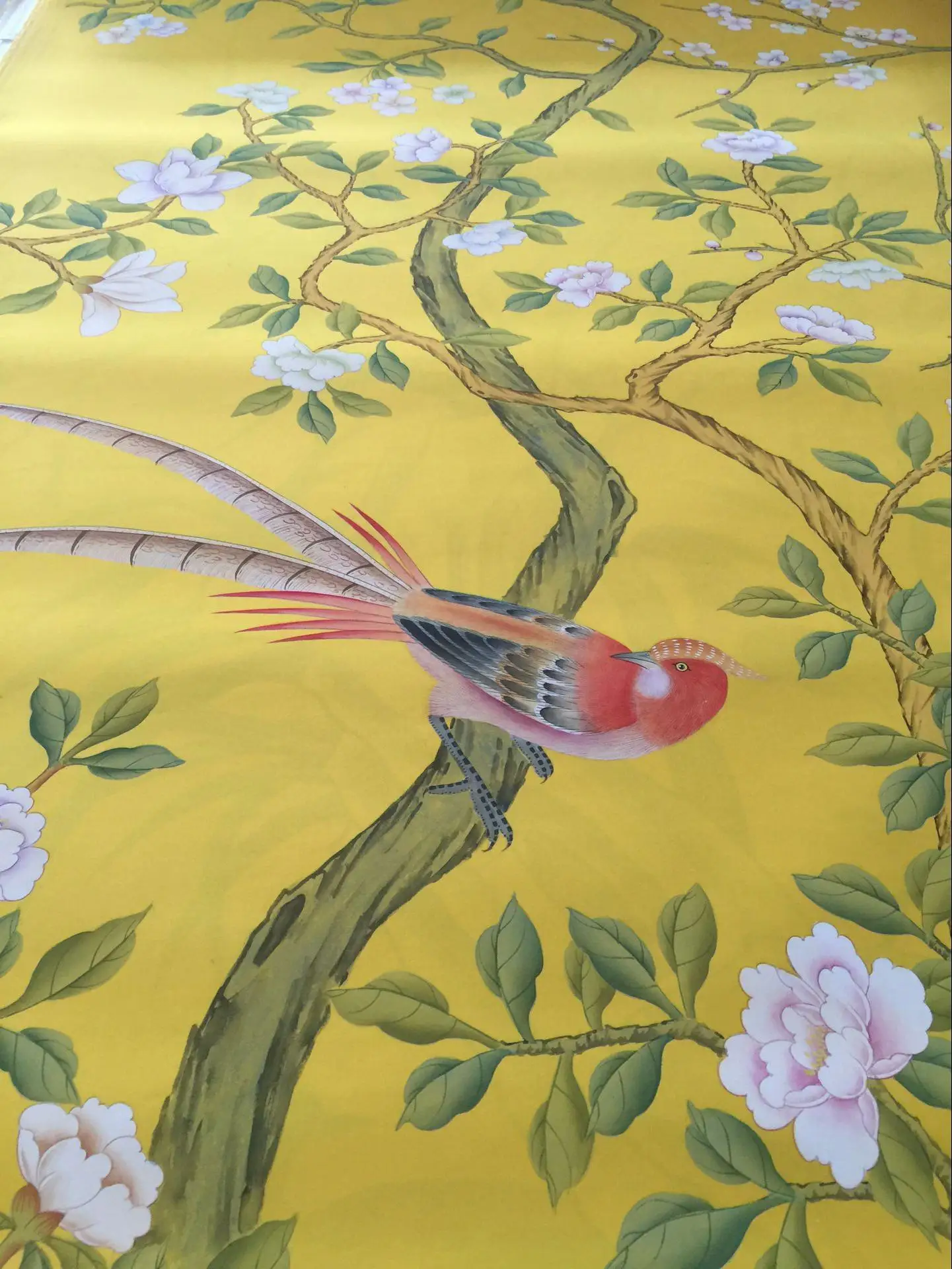 Customized HAND-MADE silk Wallpapers Hand-Painted Flowers/Birds for Bedroom/Living/Study/Dining Room/Porch/Sofa/TV wallcovering