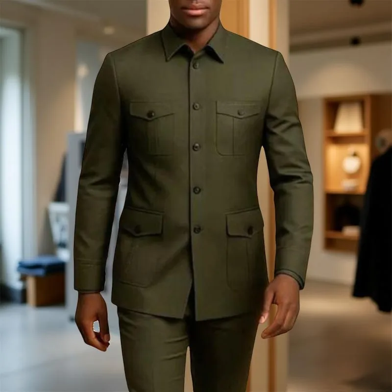 Safari Casual Men Suits with Pockets Stand Collor Chinese Fashion Style Slim Fit Wedding Suit Custom Made 2 Pieces Jacket Pants view 5