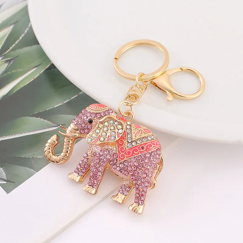 Luxury Cartoon Elephant Key Chain Full Rhinestone Women Handbag Pendant Golden Metal Keyring Crystal Jewelry Key Accessories