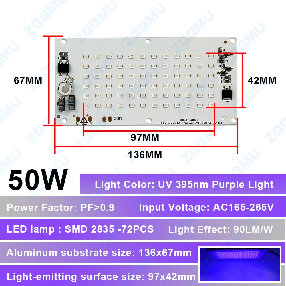 Imagem -04 - Uva uv 395nm Led Roxo Driver-livre Linear Led Placa de Fonte de Luz uv Fonte de Luz Cura Lâmpada de Alta Tensão uv Contas de Lâmpada 50w 100w