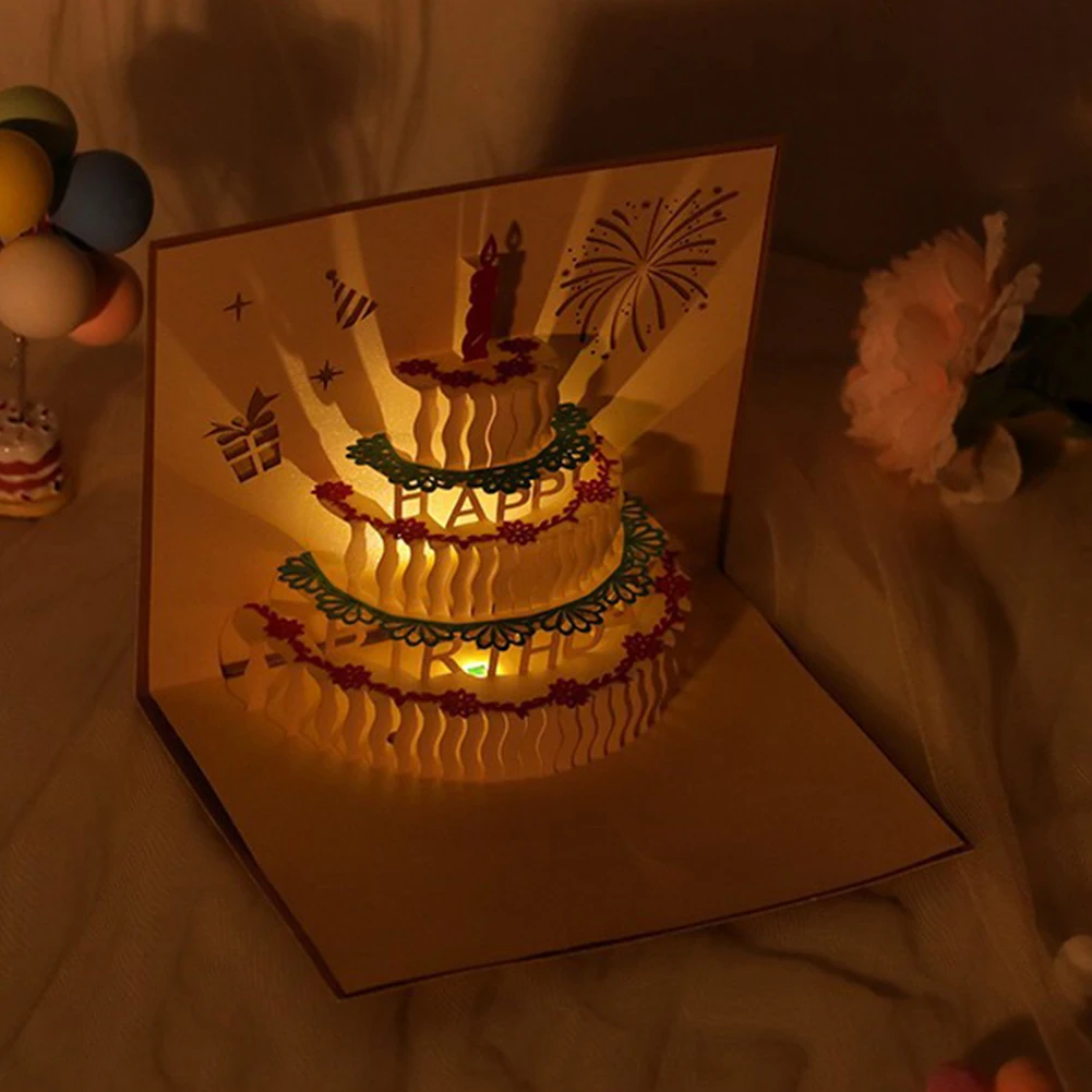 LED ثلاثية الأبعاد كعكة عيد ميلاد بطاقة مع مغلف لطيف هدية بطاقة المعايدة الموسيقية عيد ميلاد نعمة بطاقة لفتاة طفل زوجة بطاقات بريدية