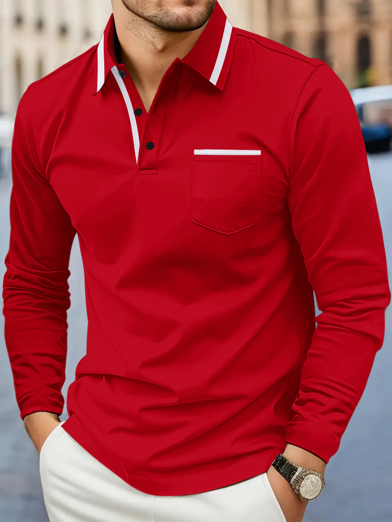 Spring and fall best-selling fashion golf men's lapel pocket comfortable casual sports solid color long sleeve breathable top