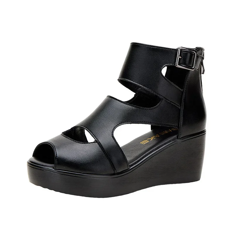 6cm Comfortable All Match Black Thick Platform Wedges Shoes Summer 2025 Womens Med Heels Gladiator Sandals for Office Mom Beach