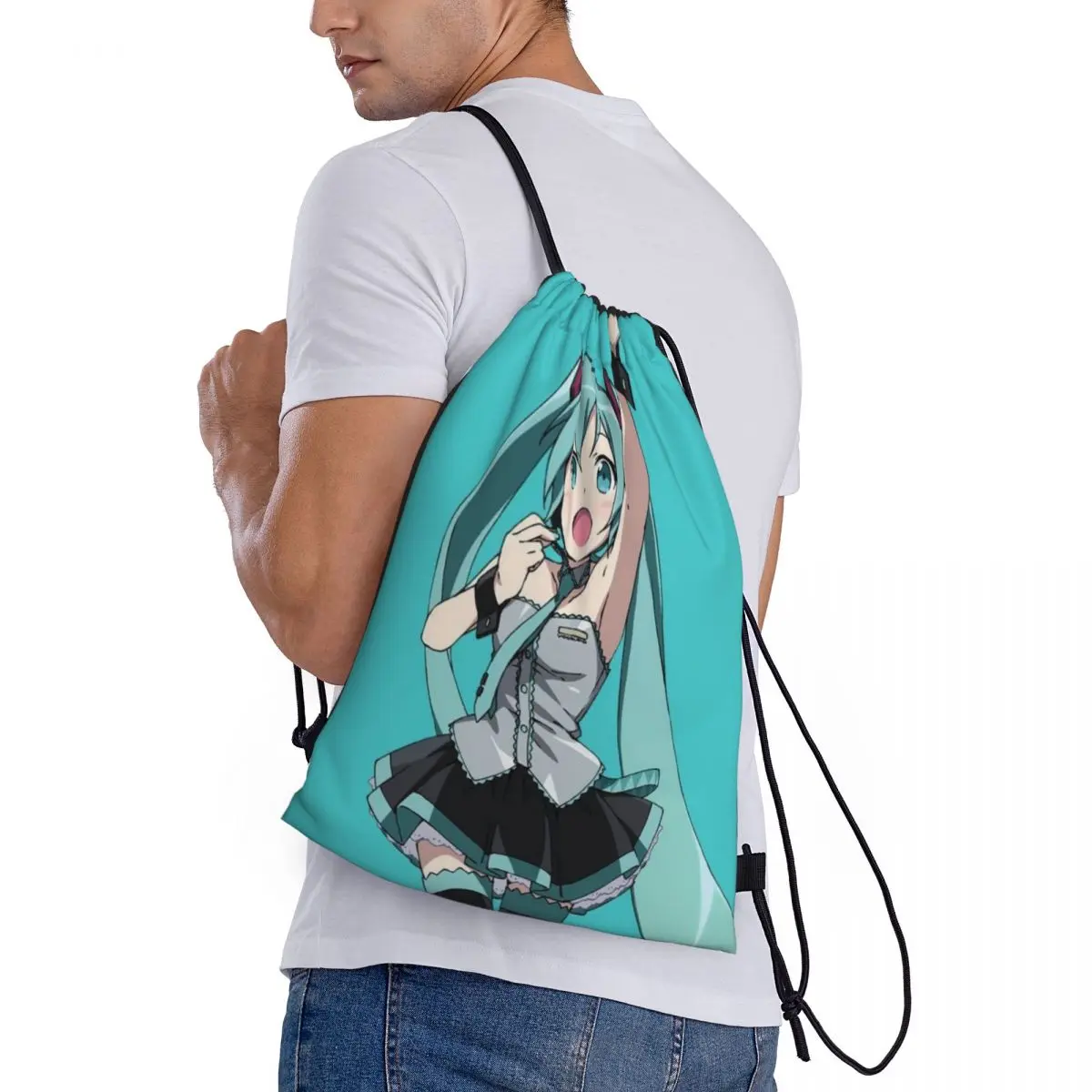 Hatsune Miku-bolsa deportiva portátil, bolso grueso con cordón, mochila para montar en el gimnasio, zapatos, ropa