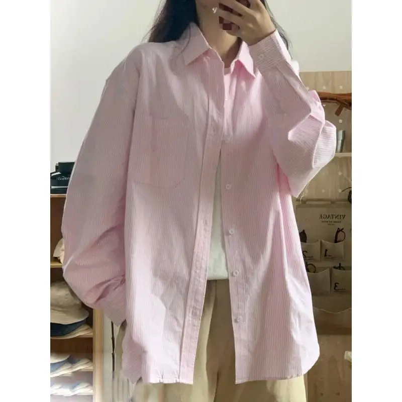 

Женская хлопковая блузка с длинным рукавом, модная розовая полосатая рубашка, новая весенне-летняя модель с воротником-стойкой, женская рабочая блузка