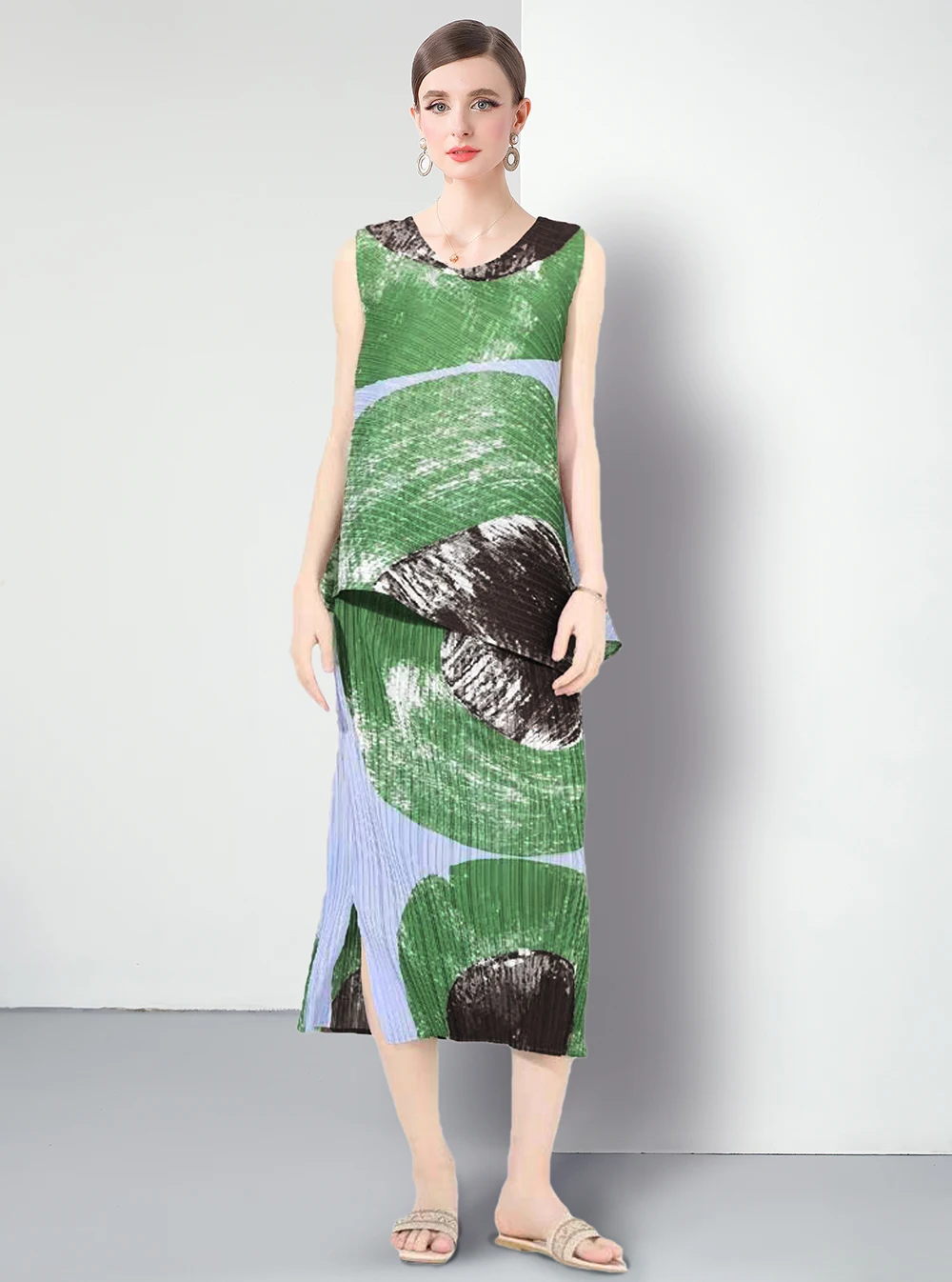 

Miyake плиссированные комплекты из двух предметов с принтом, женские летние повседневные жилеты без рукавов, футболки, топы, облегающие костюмы с юбкой