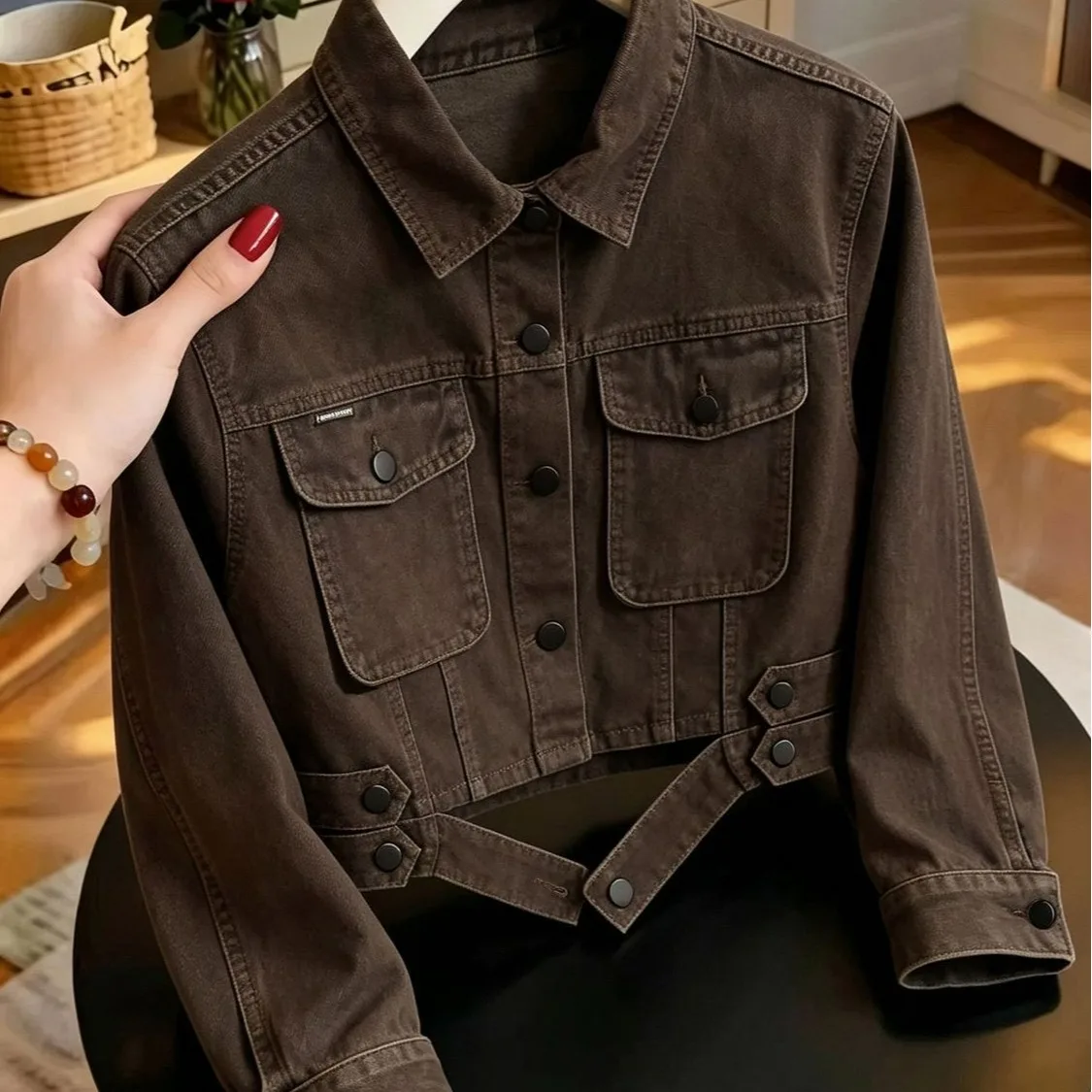 Korean Atmosphere Short Denim Jacket Women's Autumn Vintage Style Coffee Color Workwear Top Quality Polyester Fiber