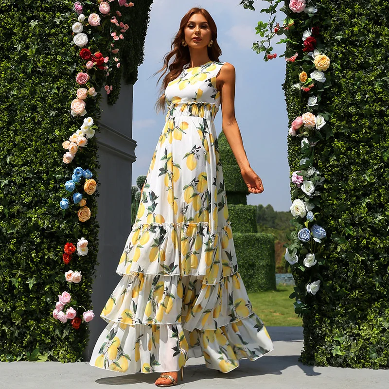 Boho Maxi ชุดชีฟองผู้หญิงจีบชุดชุดราตรีพิมพ์ Robe Longue Femme ใหม่มาถึง2022ผู้หญิงชุด