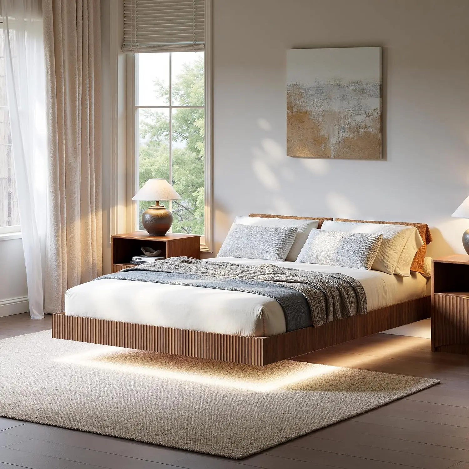 Walnut Queen Floating Bed Frame LED Fluted Platform No Headboard Heavy Duty Metal No Box Spring 10in High, Customized