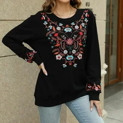 Eaeovni Women's Embroidered Pullover Mexican Cotton Sweatshirt Bohemian Casual Long Sleeve Fall Sweatshirt with Pockets