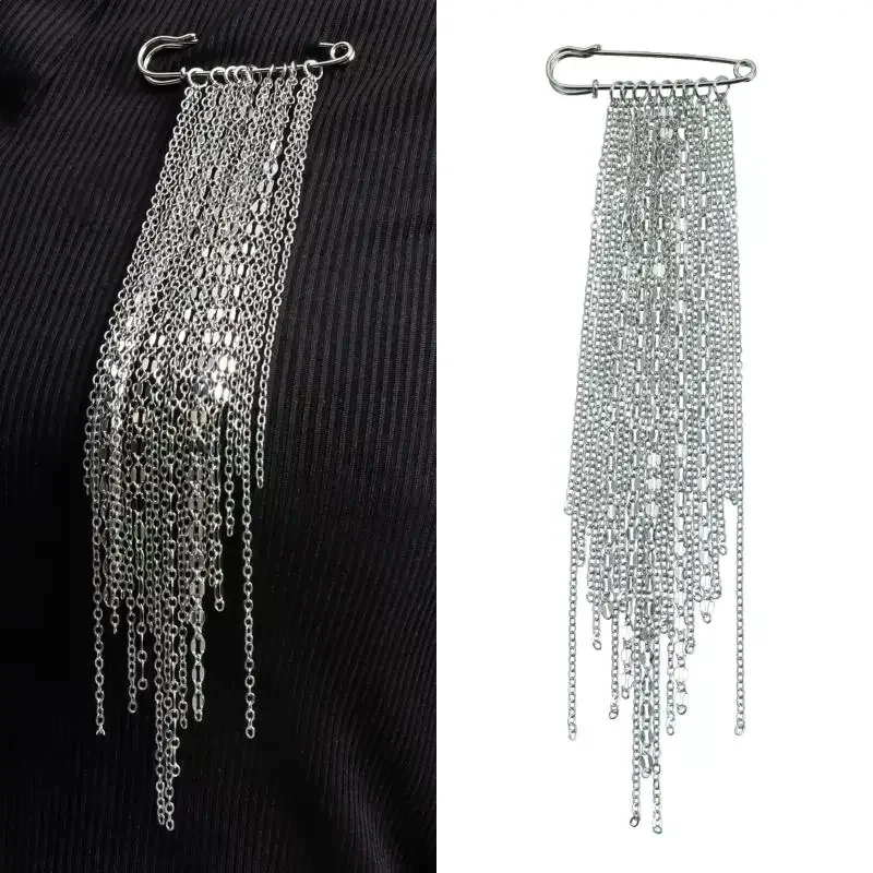 Fashion Exaggerated Metal Chain Tassel Brooch For Women Cool Suit Shirt Lapel Pin Fixed Needle Charm Jewelry Accessories
