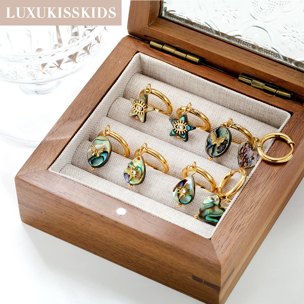 LUXUKISSKIDS-pendientes de gota góticos Y2K, concha de abulón ovalada con dijes de mariposa, colgantes geométricos en forma de corazón/estrella, Clips colgantes