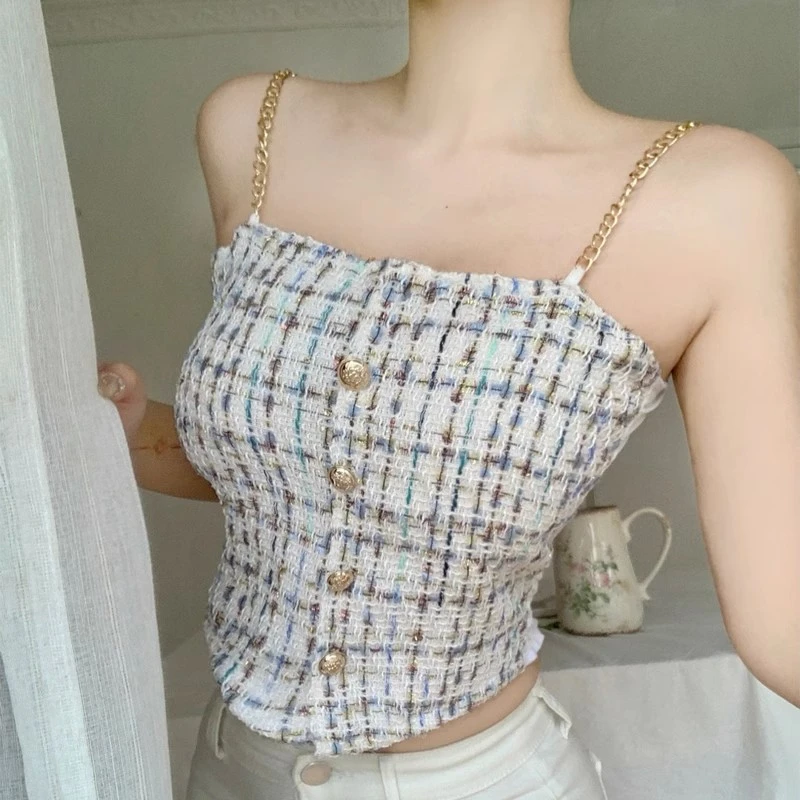 Spicy girl French one shoulder chain camisole vest for women in summer with chest cushion, strapless fishbone top