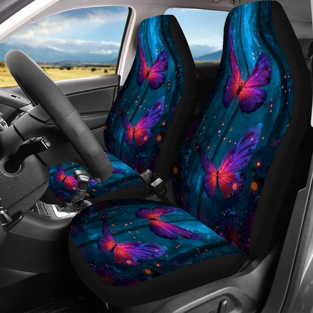 2pcs Enchanted Forest Flight Car Seat Covers - Vibrant Butterfly & Starry Night Design, Fit For Cars, SUVs, Sedans - Durable Can