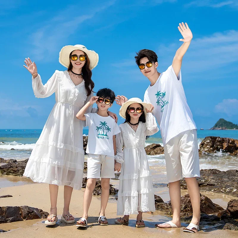 Beach Vacation Couple Look Family Matching White Clothes Mom Daughter Resort Dress Holiday Dad Son T Shirts Shorts Two Piece Set