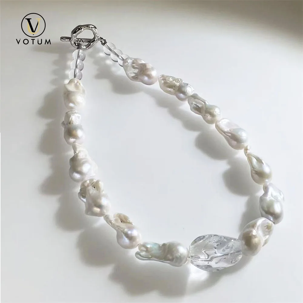 Votum Natural Baroque Pearls Clear Quartz Necklace for Women Lady Birthday Wedding Crystal Pearl Beads Necklaces Gift Jewelry