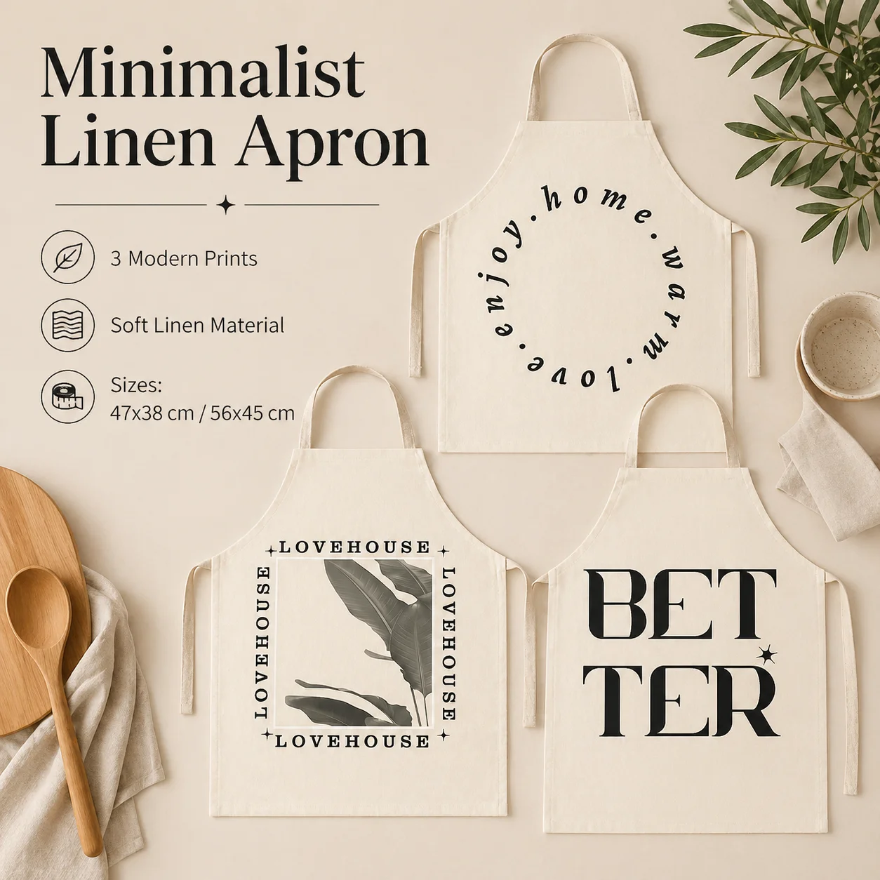 

Minimalist Letter Print Linen Apron for Women Men Modern Soft Kitchen Cooking Baking Pinafore Coffee Shop Barista Bib