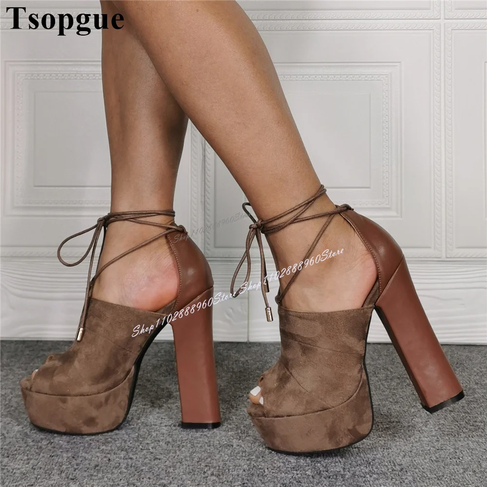 Lace-Up Coffee Color Flock Leather Platform Sandals Chunky High Heel Women Shoes Peep Toe 2024 Fashionable Zapatos Para Mujere