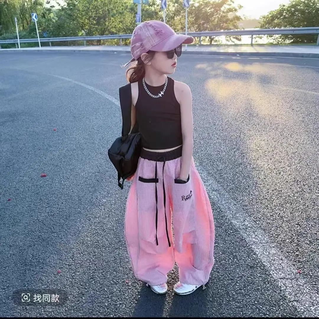 2026 summer teens tracksuit Girls cloth letter t-shirt crop top vest and long wide leg pant Kid 4 6 7 8 9 10 12 14 year hip hop