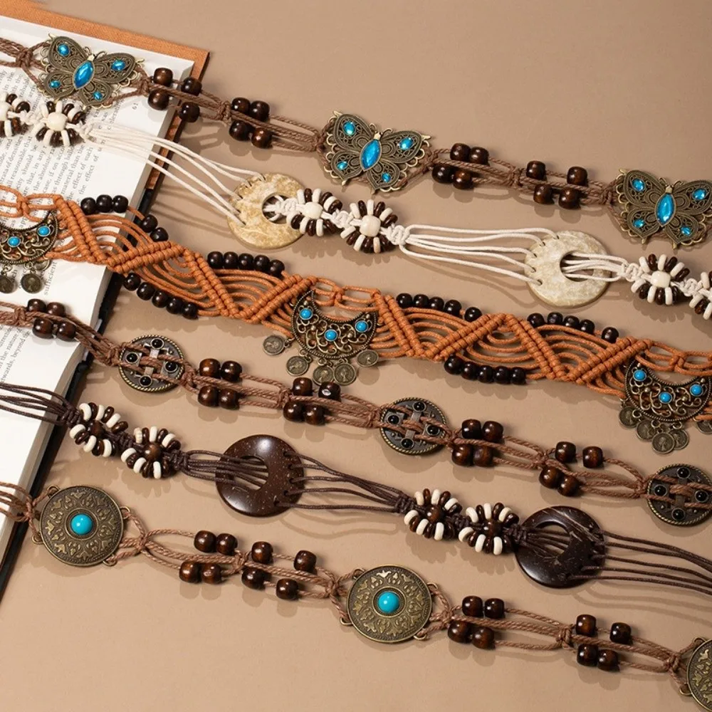 Retro Bohemian Butterfly Tassel Waist Chain Y2K Flower Pattern Vintage Belt Beads Hip Chain Body Jewelry