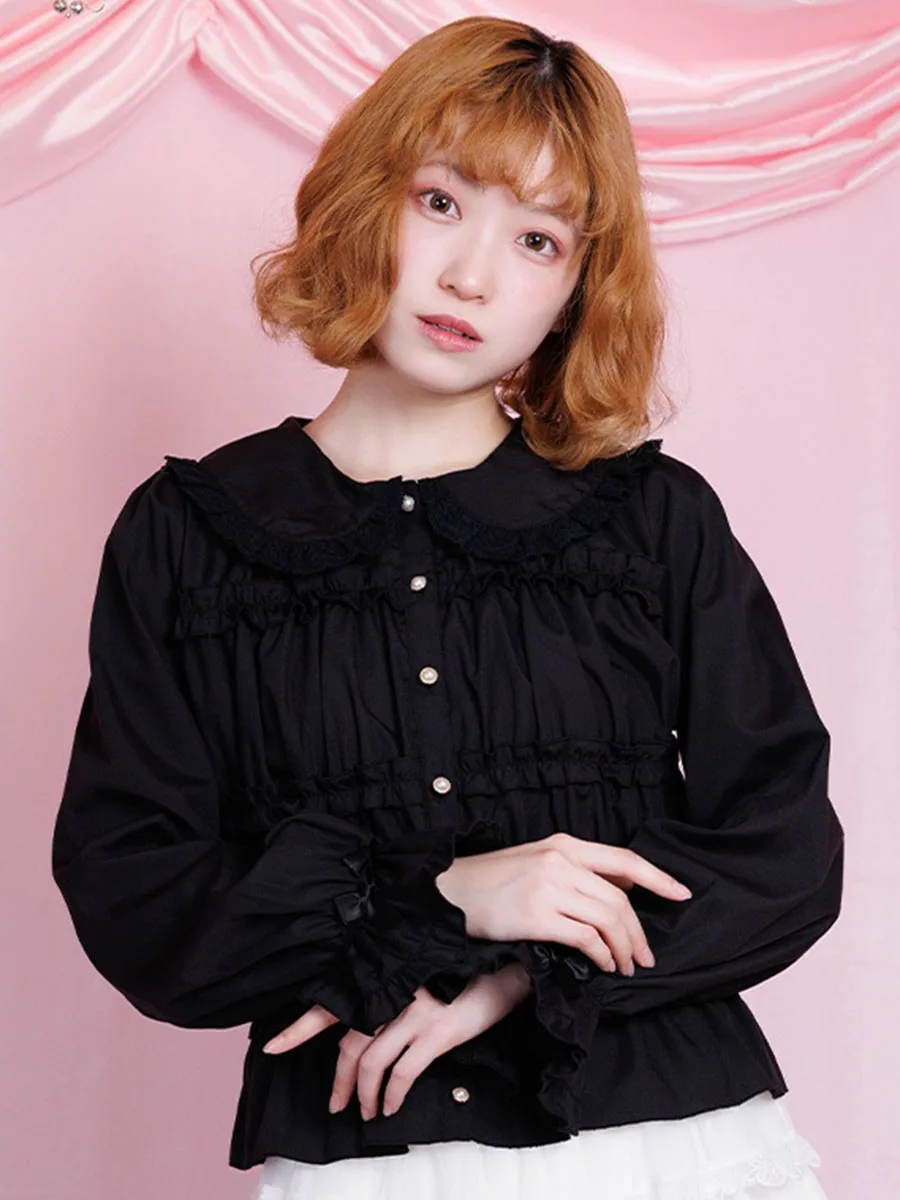 

Sweet Japanese Style Long Sleeve Shirt with Pleated Design And Ruffle Hem for Young Girls Regular Fit Polyester Cotton Blend