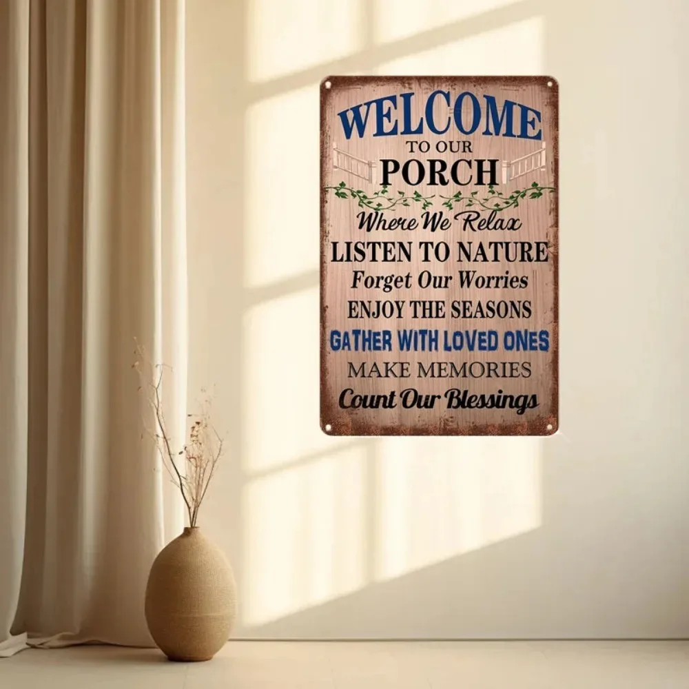 

Where Stories Begin" Vintage Aluminum Porch Wall Art – Distressed Metal Sign with Vine Scroll Distressing & Lantern Silhouette