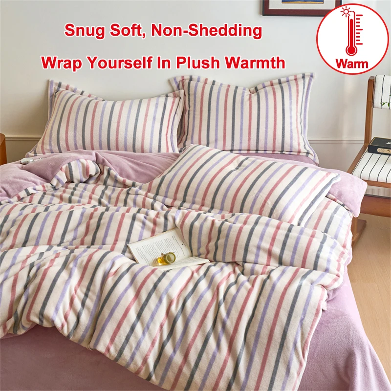 Pastel Stripe Reversible Flannel Duvet Cover, Soft Warm Plush Non-Shedding Comforter Cover, Cozy Gentle Quilt Cover for Winter