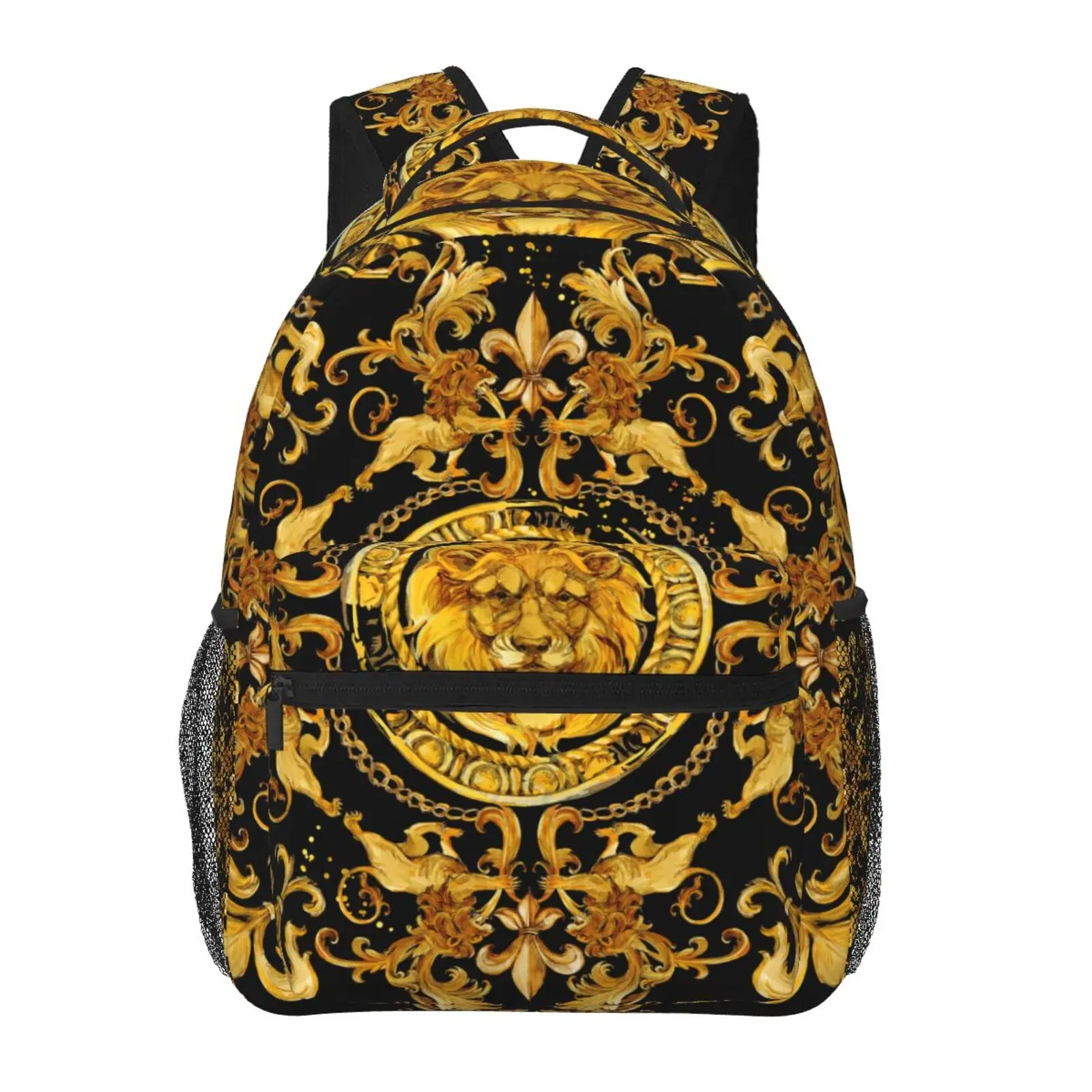 Golden Lion Greek Key Pattern Adults School Bag Casual College Bag Travel Zipper Bookbag Hiking Shoulder Daypack for Women Men