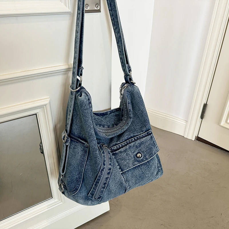 

Women Vintage Denim Shoulder Bag Large Capacity Washed Denim Crossbody Hobo Bag Casual Multi-pocket Tote Bag for Daily