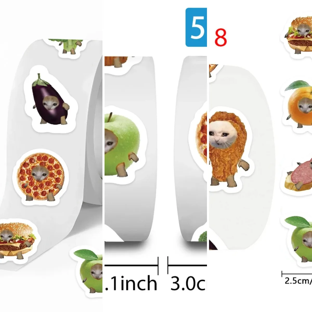 500-piece roll of playful cartoon-style meme and feline food-themed vinyl decals ideal for personalizing notebooks laptops water