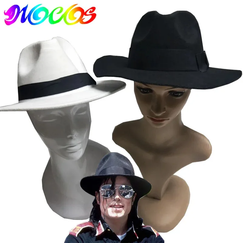 DY20DIOCOS Michael Jackson Hat Cosplay Wigs White Black Dance Fedoras Classic Black Wide Brim Jazz Gentleman Wool Hats 56-58cm25