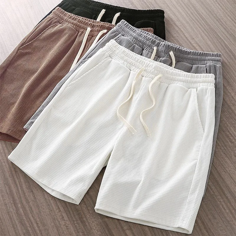 Männer Shorts Einfarbig Mittlere Taille Sommer Bewegung Waffel Textur Tiefem Schritt Kordelzug Männliche Shorts Lose Knie Länge Casual Kurze – Detail 12