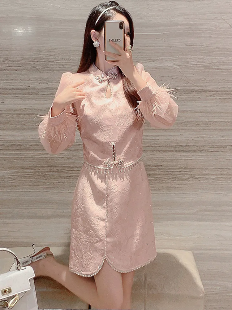 New Fashion Heavy Industry Nailed Beads New Chinese Short Top Two Piece Set Women's Light Luxury Jacquard  High Waist Skirt Suit