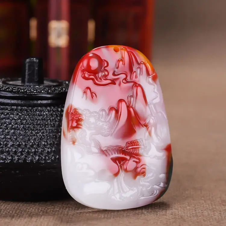 Natural Xinjiang Hotan Jade Chicken Blood Stone Landscape Brand Pendant Men's and Women's Popular Pendant Jewelry