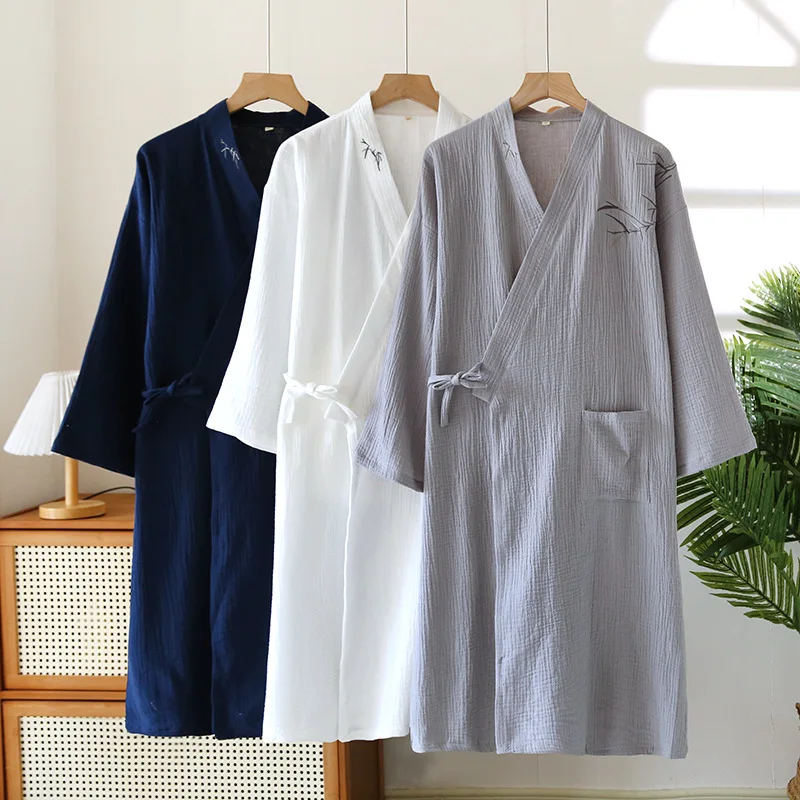 Japanese Kimono Robe Men's Spring Autumn Cotton Gauze Jacquard Loose Home Clothes Breathable Loose Bathrobe Male Sleepwear