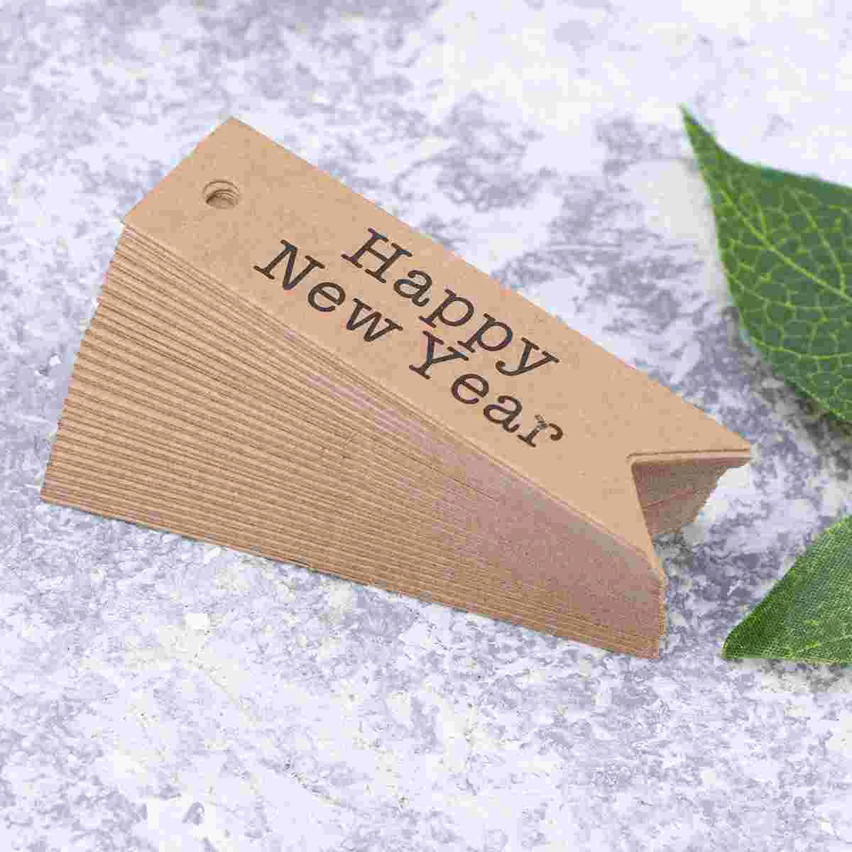 100pcs Swallowtail Design Tag HAPPY NEW YEAR Letter Printing Gift Tag Decor Kraft Paper Tag DIY Labels with Rope(Kraft Paper