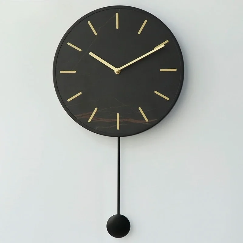 Simple Nordic rock slab wall clock, metal frame marble pattern swing art wall clock