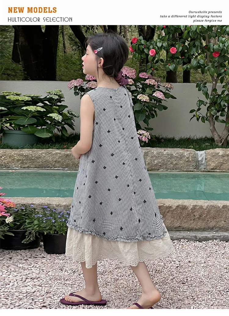 Mädchenkleid Sommer 2026 Kariertes Ärmelloses Zweiteiliges Kleid mit Spitzenbesatz A-Linie Locker Bequeme Kinderkleidung – Detail 4
