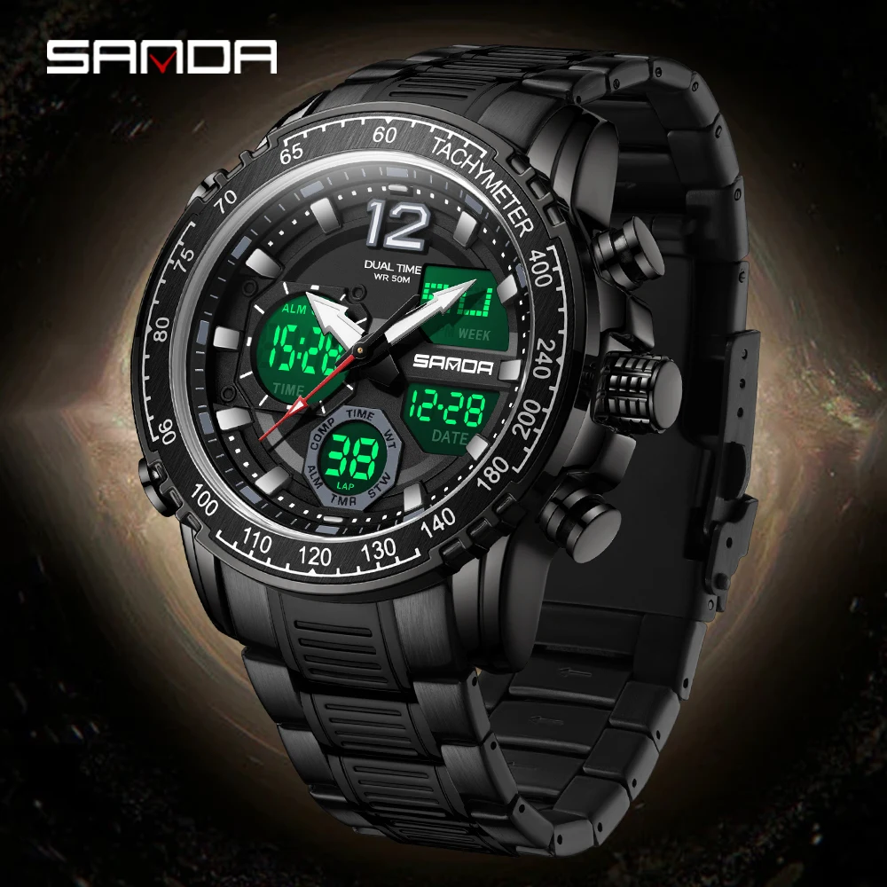 

SANDA Новые 6193 Модные мужские электронные часы Многофункциональные водонепроницаемые светодиодные часы с календарем и ночником Мужские электронные часы 2025