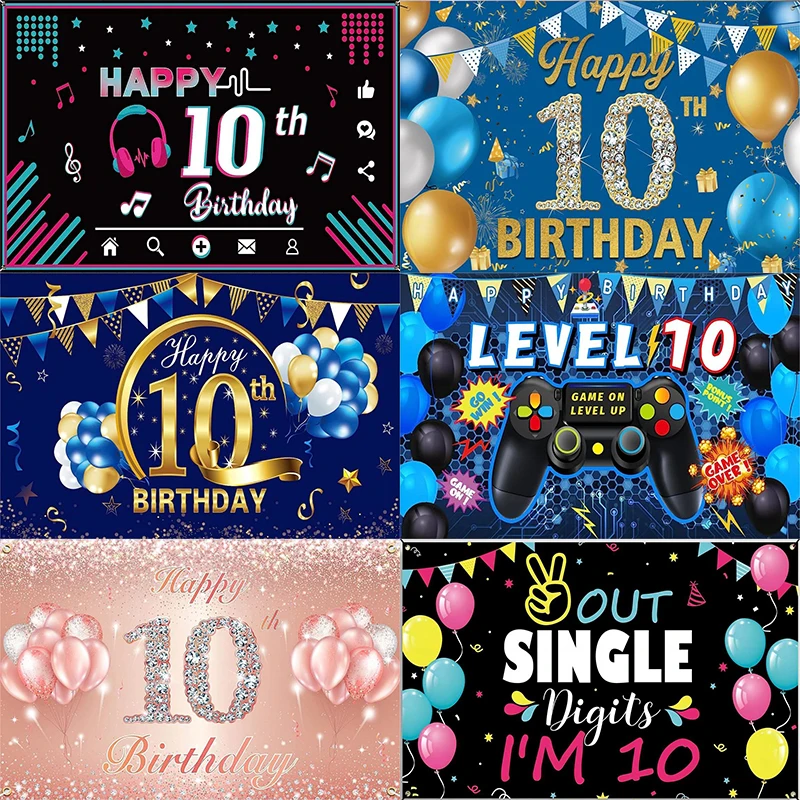 Happy 10th Birthday Game Golden Background Party Wall Backdrop Prince Princess Banner Photography Balloon Photo Custom Cartoon