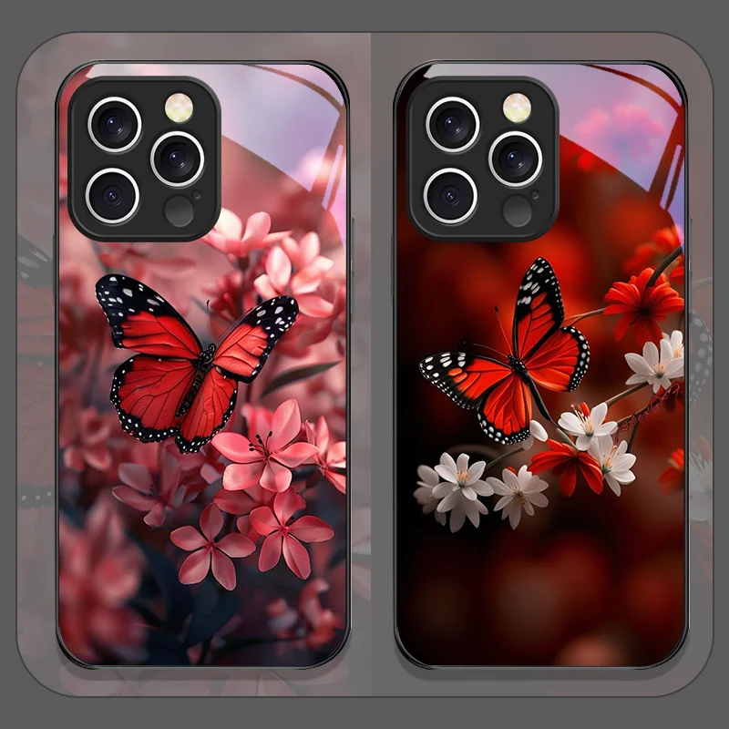 الفاخرة الأحمر فراشة زهرة نمط الزجاج المقسى جراب هاتف آيفون 16 برو ماكس 15 14 13 12 Mini 11 PRO XS XR 7 8 Plus غطاء