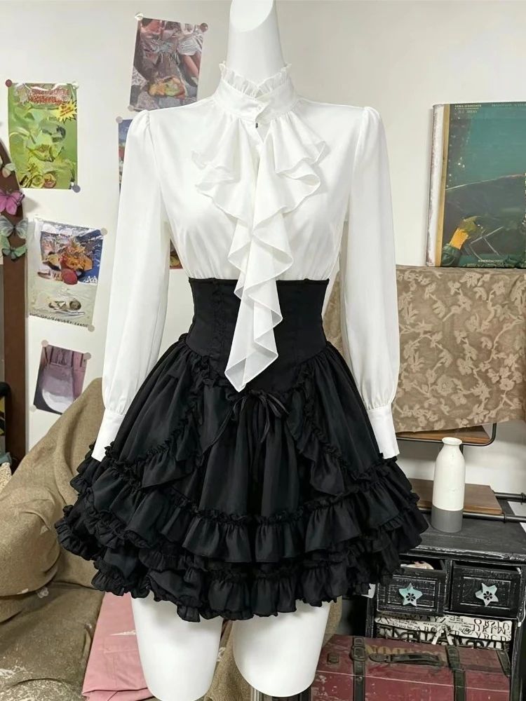 Retro Two Piece Sets Female Soft Blouse Mini Skirt Matching Outfits Sweet Casual Daily Shopping Party Spring Summer Wear