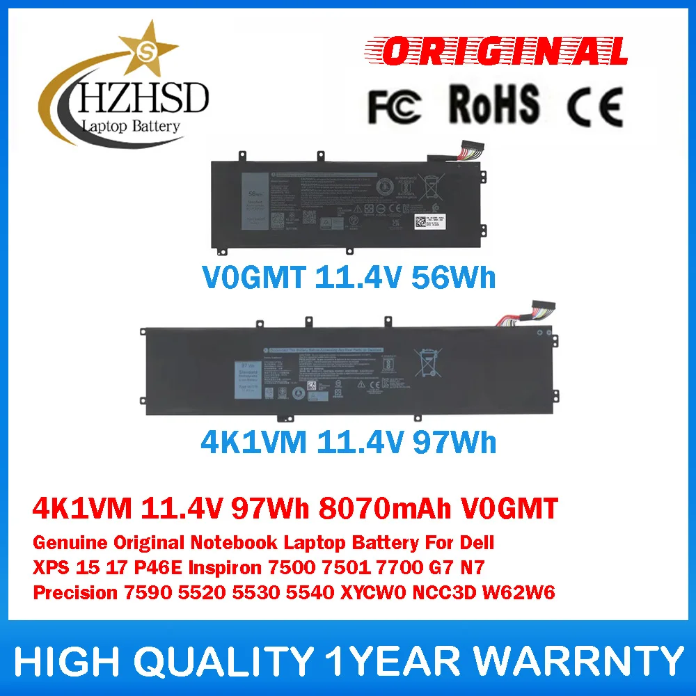

4K1VM 11.4V 97Wh 8070mAh V0GMT 11.4V 56Wh Genuine Original Notebook Laptop Battery For Dell XPS 17 P46E Inspiron 7500 7501 7700